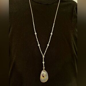 Large Gray Agate Slice Geode Pendant Beaded Crystal Necklace Boho